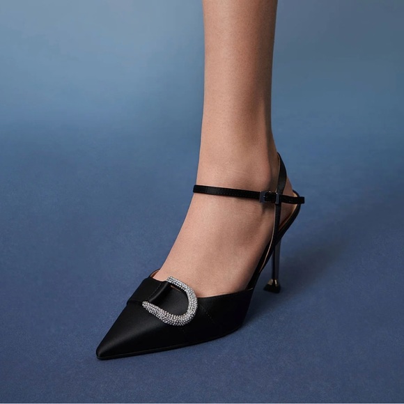 GORGEOUS! Charles and Keith Satin Black Crystal Buckle Slingback Heels - Size 39 - Picture 7 of 8